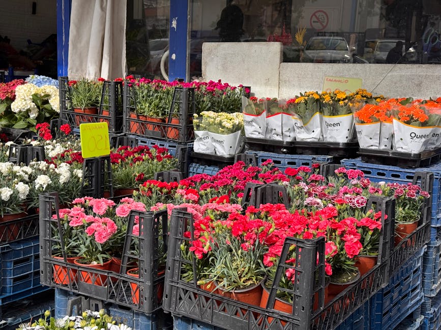 Outdoor display of various potted flowers at a florist shop, featuring pink, red, white, yellow, and orange blooms arranged in black plastic crates and white paper wraps. The flowers include carnation